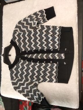 bebe Black and White Zigzag Knit Cardigan